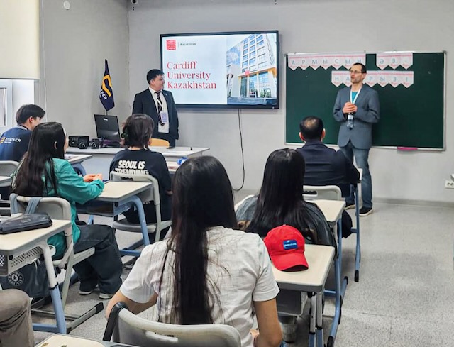 Talgat and I giving a talk at Ziyatker school in Shymkent