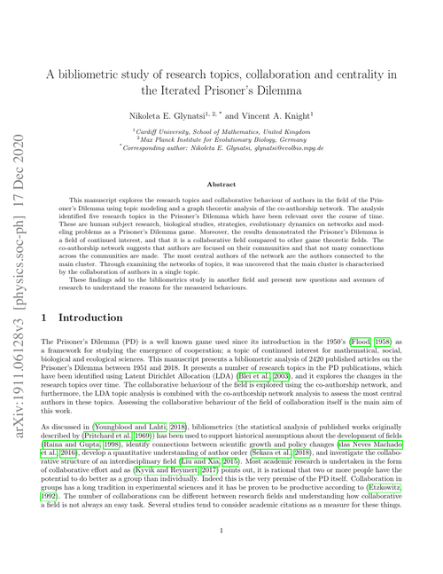 A bibliometric study of research topics, collaboration and centrality in the Iterated Prisoner's Dilemma