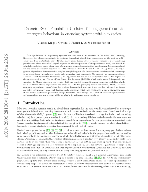 Discrete Event Population Updates: finding game theoretic emergent behaviour in queueing systems with simulation
