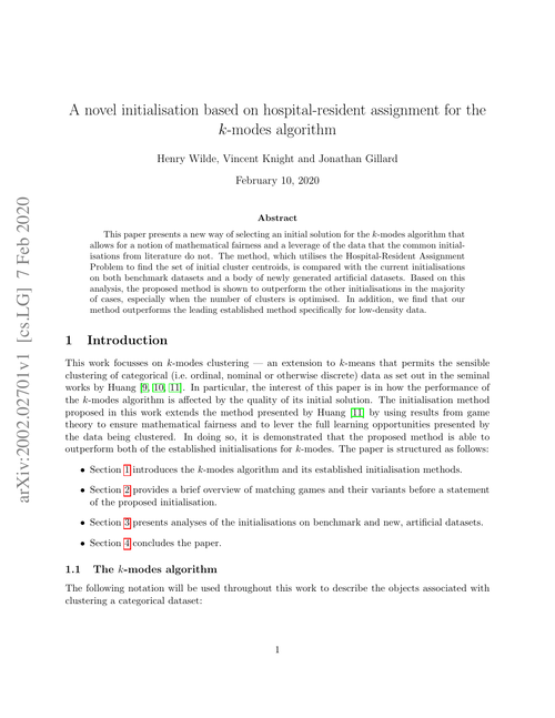 A novel initialisation based on hospital-resident assignment for the k-modes algorithm