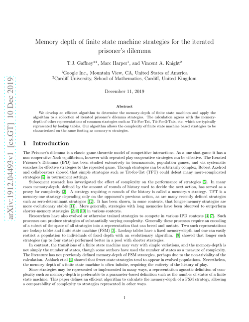 Memory depth of finite state machine strategies for the iterated prisoner's dilemma