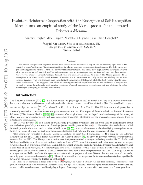 Evolution Reinforces Cooperation with the Emergence of Self-Recognition Mechanisms: an empirical study of the Moran process for the iterated Prisoner's dilemma 