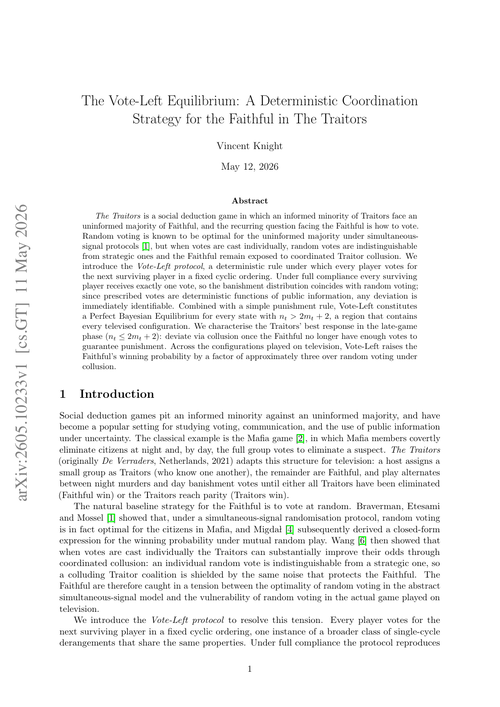 The Vote-Left Equilibrium: A Deterministic Coordination Strategy for the Faithful in The Traitors